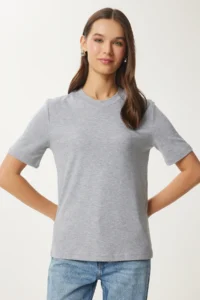 Happiness İstanbul Women's Gray Melange Cotton Basic Knitted T-Shirt - Image 2