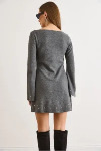 Olalook Women's Smoked Staple Detailed Wide Collar A-Line Cut Winter Thessaloniki Dress - Image 5