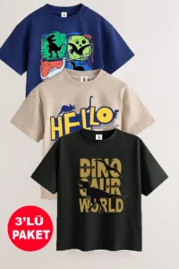 twins tailors Dinosaur Printed 3 Pack Unisex Beige-Navy Blue-Black Children's T-Shirt