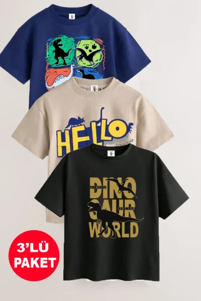 twins tailors Dinosaur Printed 3 Pack Unisex Beige-Navy Blue-Black Children's T-Shirt