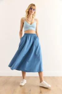 Olalook Women's Indigo Pocketed Elastic Waist Midi Woven Bell Skirt - Image 2