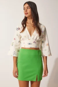 Happiness İstanbul Women Neon Green slit Mini Skirt