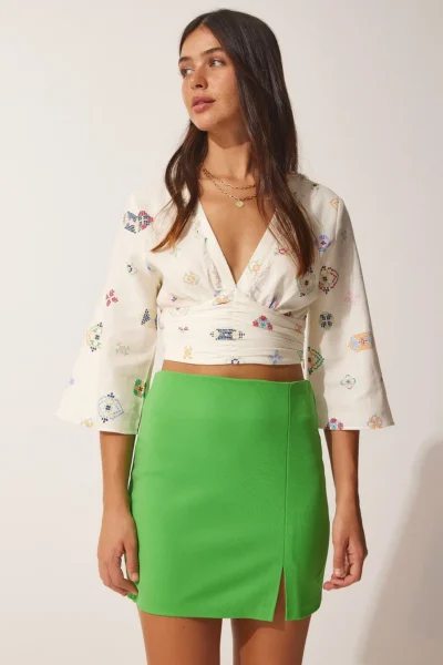 Happiness İstanbul Women Neon Green slit Mini Skirt