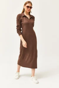 Olalook Women's Bitter Brown Polo Neck Slit and Raised Midi Dress