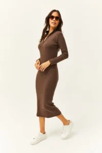 Olalook Women's Bitter Brown Zippered Stand-Up Collar Long Lycra Dress - Image 3