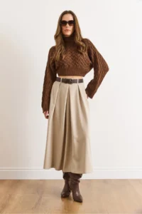 Olalook Women's Stone Belted Zippered Maxi Pleated Skirt - Image 2