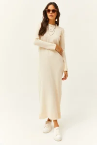 Olalook Women's Stone Crew Neck Long Knitwear Dress