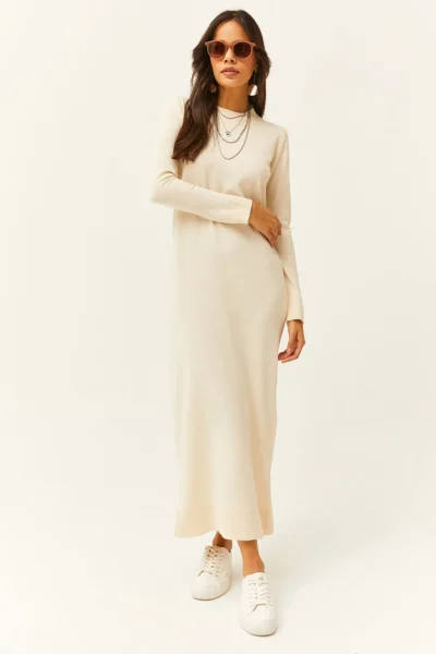 Olalook Women's Stone Crew Neck Long Knitwear Dress
