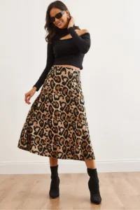 Olalook Women's Leopard Stone Elastic Waist Suede Textured Bell Skirt