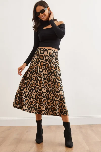 Olalook Women's Leopard Stone Elastic Waist Suede Textured Bell Skirt