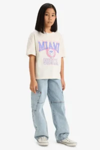 DeFacto Oversize Wide Fit Crew Neck Short Sleeve T-Shirt Girl Child - Image 2