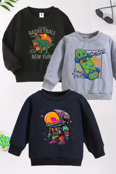 twins tailors Skateboard Printed 3 Pack Unisex Grey-Black-Navy Blue Crew Neck Kids Sweatshirt