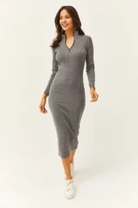 Olalook Women's Smoked Zippered Stand Collar Long Lycra Dress - Image 2
