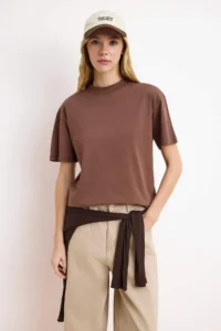 TRENDYOLMİLLA Brown-Khaki 2 Sets Package 100% Cotton Basic Dog collar Knitting T-Shirt - Image 2