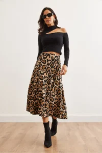 Olalook Women's Leopard Stone Elastic Waist Suede Textured Bell Skirt - Image 3