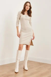 Olalook Women's Stone Button Detailed Slit and Raised Flexible Dress - Image 2