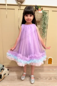 penu baby kids Lilac Gilet Skirt with 3 Strips Colorful Ruffles Tulle Bottom Satin Cotton Lined Baby Girl Dress