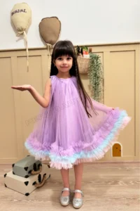 penu baby kids Lilac Gilet Skirt with 3 Strips Colorful Ruffles Tulle Bottom Satin Cotton Lined Baby Girl Dress - Image 2