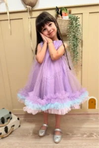 penu baby kids Lilac Gilet Skirt with 3 Strips Colorful Ruffles Tulle Bottom Satin Cotton Lined Baby Girl Dress - Image 3
