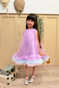 penu baby kids Lilac Gilet Skirt with 3 Strips Colorful Ruffles Tulle Bottom Satin Cotton Lined Baby Girl Dress - Image 4