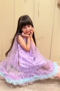 penu baby kids Lilac Gilet Skirt with 3 Strips Colorful Ruffles Tulle Bottom Satin Cotton Lined Baby Girl Dress - Image 5