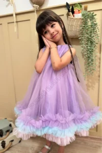 penu baby kids Lilac Gilet Skirt with 3 Strips Colorful Ruffles Tulle Bottom Satin Cotton Lined Baby Girl Dress - Image 6
