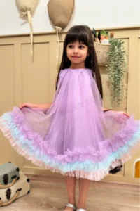 penu baby kids Lilac Gilet Skirt with 3 Strips Colorful Ruffles Tulle Bottom Satin Cotton Lined Baby Girl Dress - Image 7