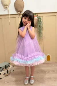 penu baby kids Lilac Gilet Skirt with 3 Strips Colorful Ruffles Tulle Bottom Satin Cotton Lined Baby Girl Dress - Image 8