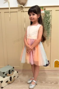 penu baby kids Salmon Top Sleeveless Satin Square Neck Colorful Skirt and Bow Baby Girl Dress