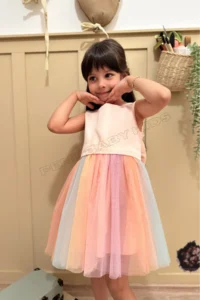penu baby kids Salmon Top Sleeveless Satin Square Neck Colorful Skirt and Bow Baby Girl Dress - Image 2