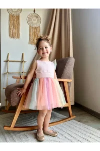 penu baby kids Salmon Top Sleeveless Satin Square Neck Colorful Skirt and Bow Baby Girl Dress - Image 3