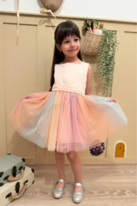 penu baby kids Salmon Top Sleeveless Satin Square Neck Colorful Skirt and Bow Baby Girl Dress - Image 4