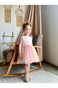 penu baby kids Salmon Top Sleeveless Satin Square Neck Colorful Skirt and Bow Baby Girl Dress - Image 5