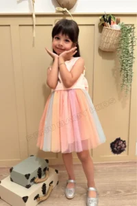 penu baby kids Salmon Top Sleeveless Satin Square Neck Colorful Skirt and Bow Baby Girl Dress - Image 6