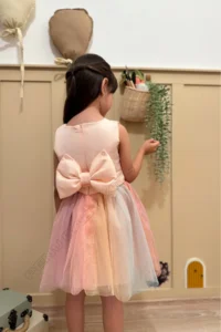 penu baby kids Salmon Top Sleeveless Satin Square Neck Colorful Skirt and Bow Baby Girl Dress - Image 7