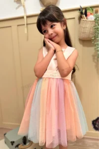 penu baby kids Salmon Top Sleeveless Satin Square Neck Colorful Skirt and Bow Baby Girl Dress - Image 8