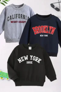 twins tailors New York Printed 3-Pack Unisex Navy Blue-Black-Grey Crew Neck Kids Sweatshirt