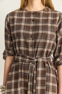Bianco Lucci Women's Plaid Patterned Crew Neck Belted Flared Cotton Dress 5611 - Image 7