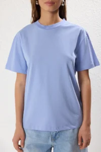 TRENDYOLMİLLA Ecru-Blue 2 Sets Package 100% Cotton Basic Dog collar Knitting T-Shirt - Image 5