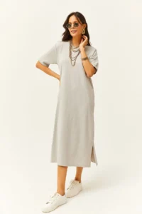 Olalook Women's Yunus Gray Oversize Cotton Dress with Side Slits - Image 2
