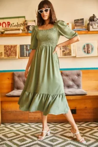 Olalook Women's Green Green Square Collar Bodrum Dress - Image 3