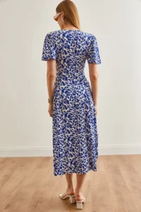 Olalook Women's Patterned Saks Blue V-Neck Belted Buttoned Knitted Dress - Image 5