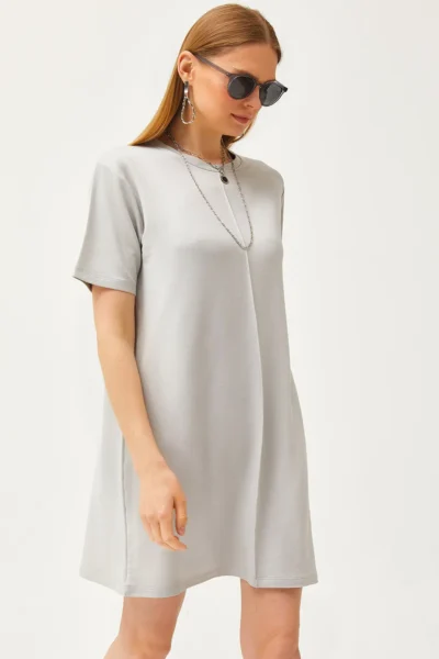 Olalook Women's Gray Front Stitched Soft Textured Mini Dress