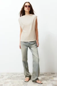 TRENDYOLMİLLA Stone Boat Neck Zero Sleeve Shirred Knitting T-Shirt - Image 3