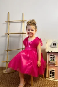 penu baby kids Fuchsia Satin Top, Big Bow on the Back, Small Bow Detail on the Shoulder, Tulle Baby Girl Dress