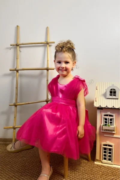 penu baby kids Fuchsia Satin Top, Big Bow on the Back, Small Bow Detail on the Shoulder, Tulle Baby Girl Dress