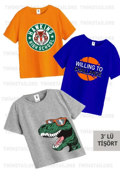 twins tailors Children's Printed Gray-Orange-Sax Blue 3-Piece Children's T-shirt Pack
