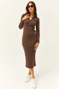 Olalook Women's Bitter Brown Zippered Stand-Up Collar Long Lycra Dress - Image 4