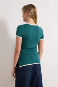TRENDYOLMİLLA Petrol Blue Blue Blue Fitted Short Sleeve Piped Soft Knitting T-Shirt - Image 4