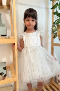 penu baby kids White Half Sleeve Print Striped Tulle Baby Girl Dress - Image 2